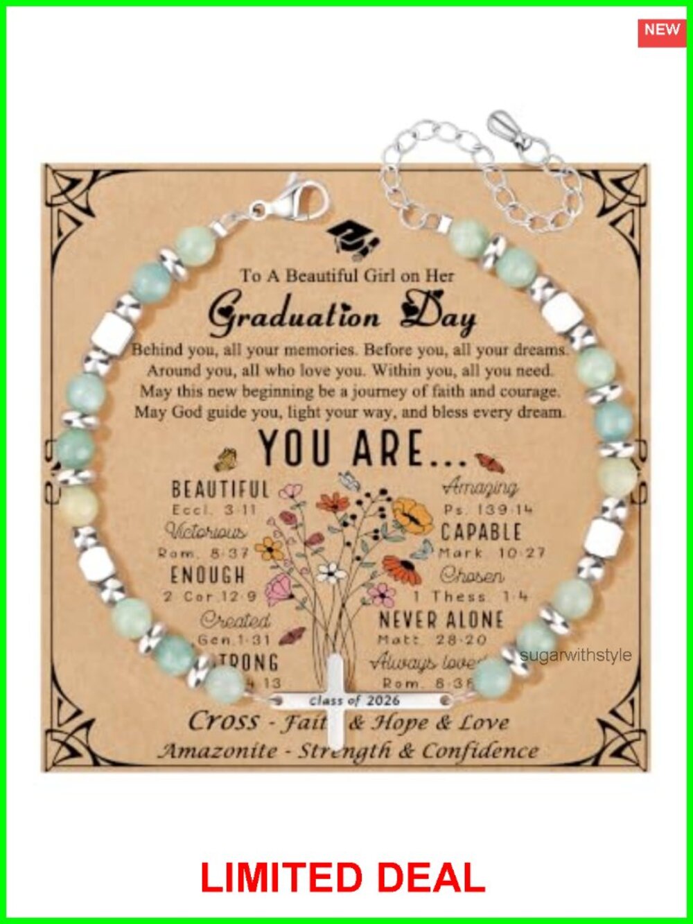 Class of 2026 Graduation Bracelet 4mm Amazonite Cross Cuff Gift